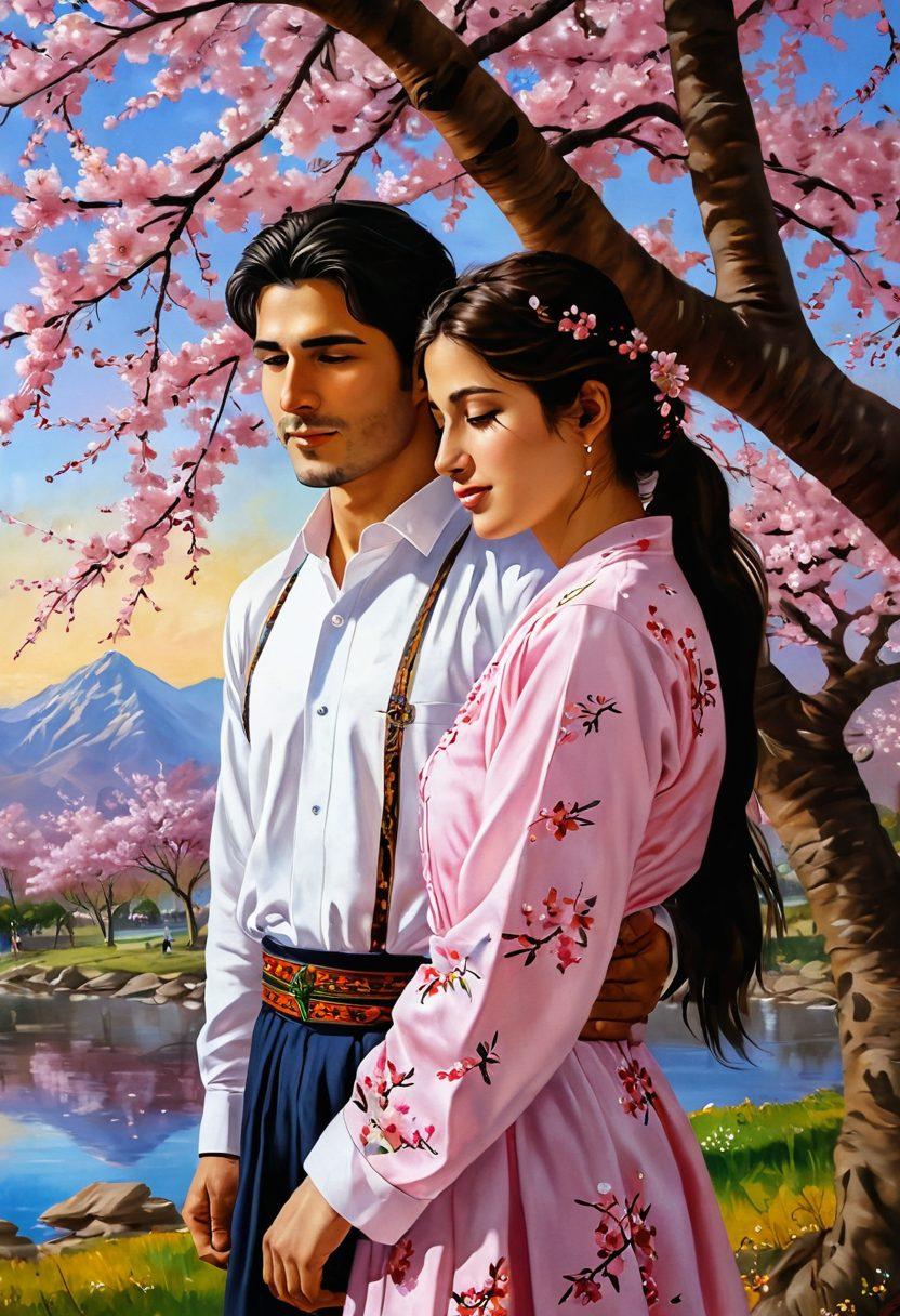 A warm and inviting scene depicting two diverse Kurdish individuals sharing a heartfelt moment under a blooming cherry blossom tree, representing the transition from friendship to love. Emphasize traditional Kurdish attire to showcase cultural richness, with soft lighting and a dreamy atmosphere that symbolizes intimacy and connection. Add subtle hints of Kurdish landscapes in the background. painting. vibrant colors.