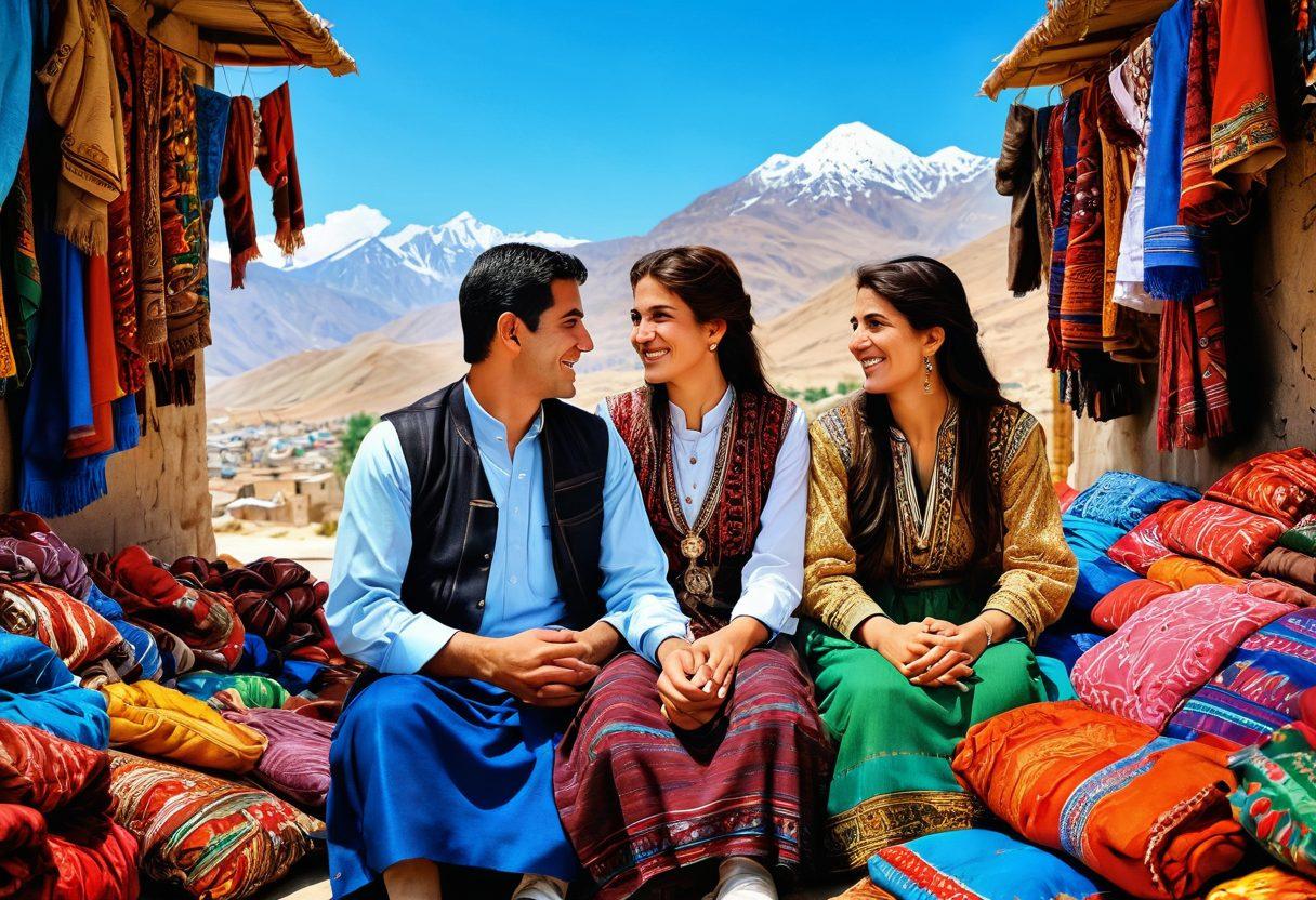 A picturesque scene of a Kurdish couple in traditional attire, sharing a moment of laughter amidst a vibrant bazaar filled with colorful textiles and handicrafts. The background features the stunning mountains of Kurdistan under a bright blue sky, creating a warm atmosphere of love and tradition. Incorporate elements of culture such as Kurdish music instruments and floral patterns. vibrant colors. super-realistic.