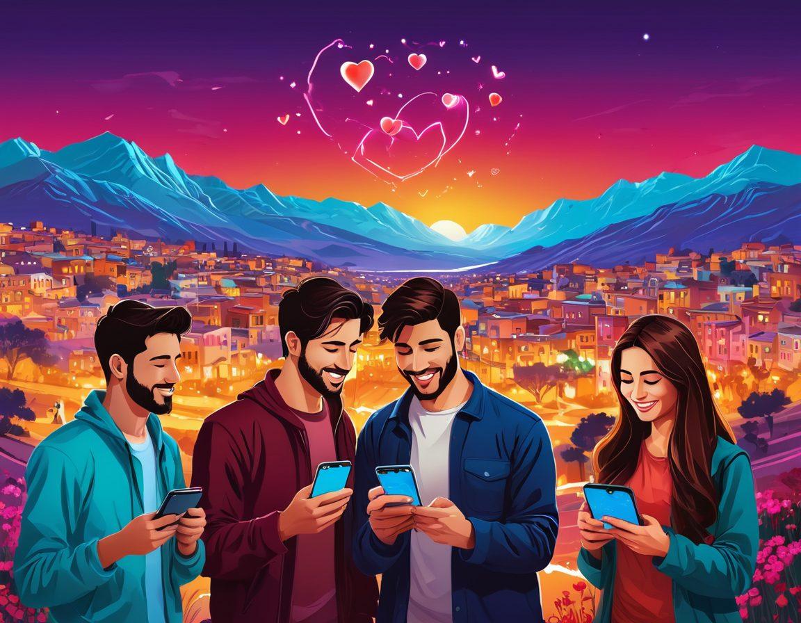 A diverse group of young adults engaged in digital romance, with glowing smartphones and virtual heart emojis floating around them. The background includes elements of the Kurdistan landscape, such as mountains and traditional architecture. Show joy and excitement on their faces to symbolize modern connections. The colors should be vibrant and inviting, reflecting the fusion of tradition and technology. vector art. vibrant colors. contemporary style.